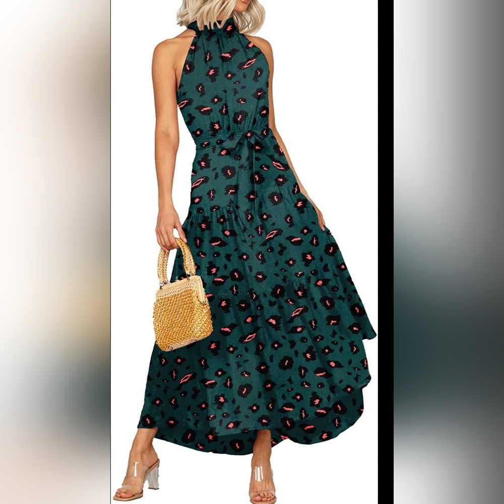 NWOT Pretty Garden Teal Leopard Print Haltered Neck Sleeveless Maxi Dres…